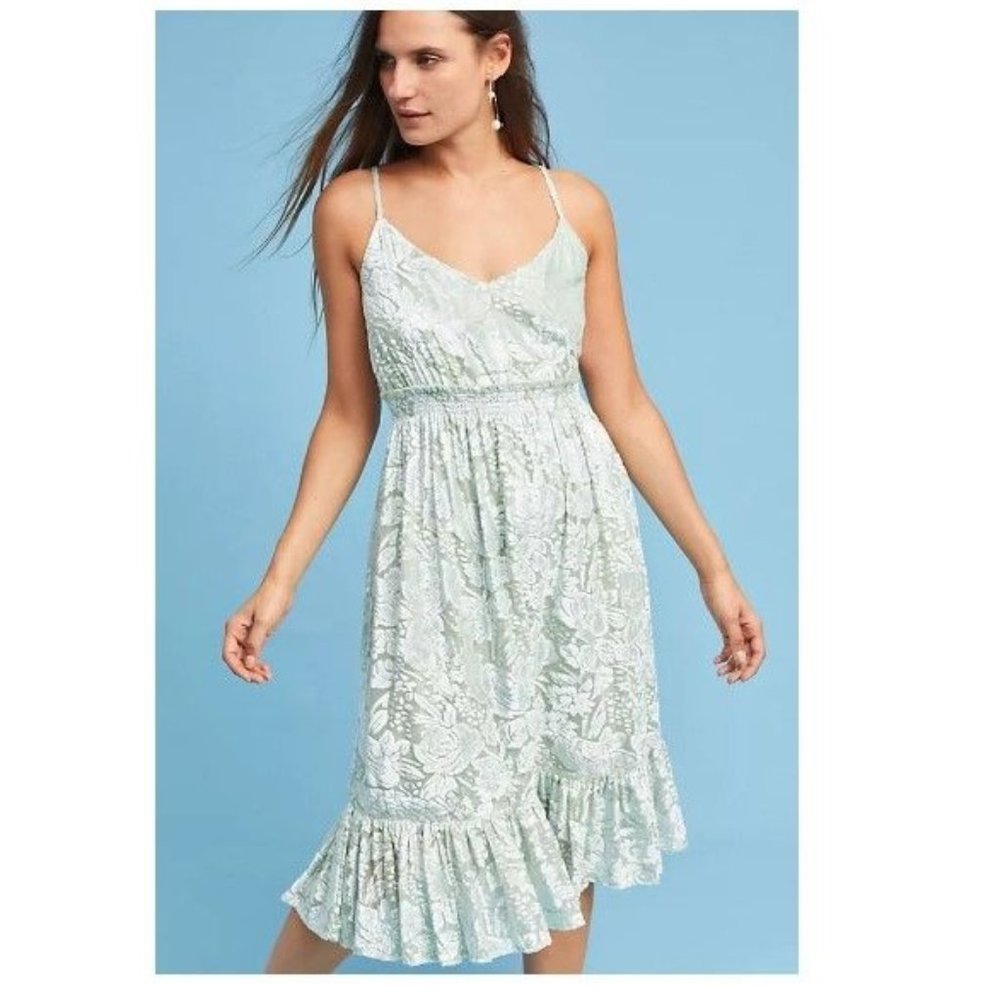 Anthropologie Hemant & Nandita Seagrass Dress Floral Velvet Green Size X-Small